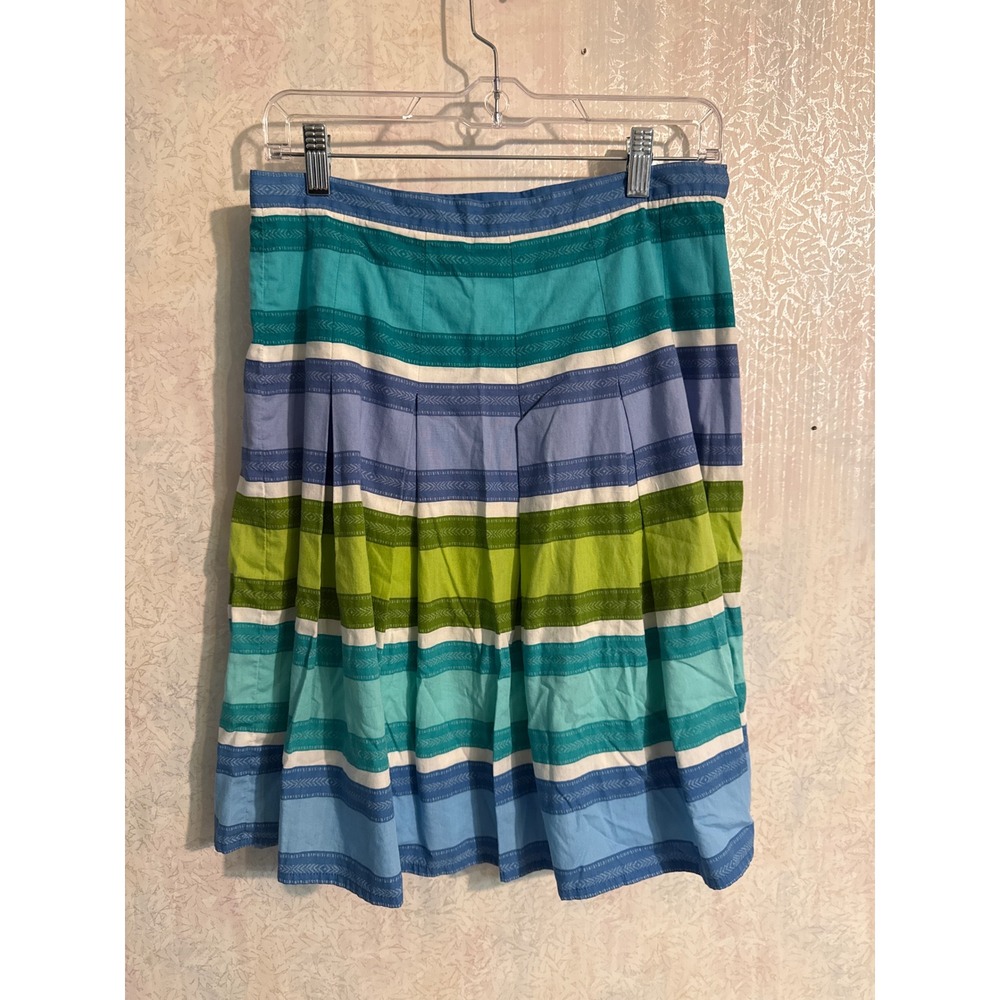 Talbots Petites Blue Green Striped Pleated Cotton A-Line Skirt Size 6P